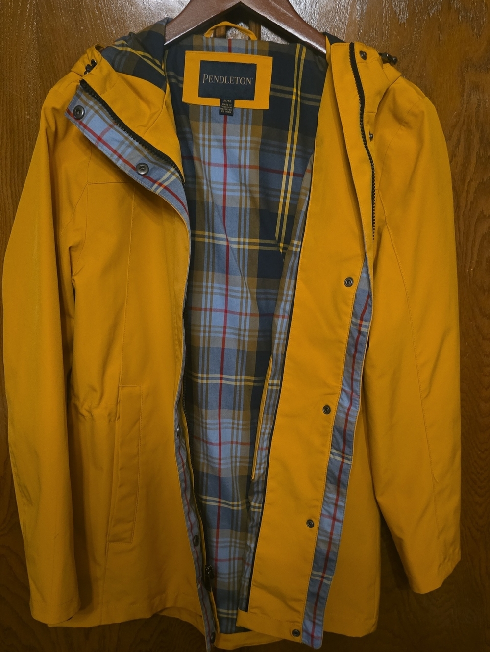 Pendleton Women's Mustard Yellow Hooded Raincoat with Plaid Lining Medium